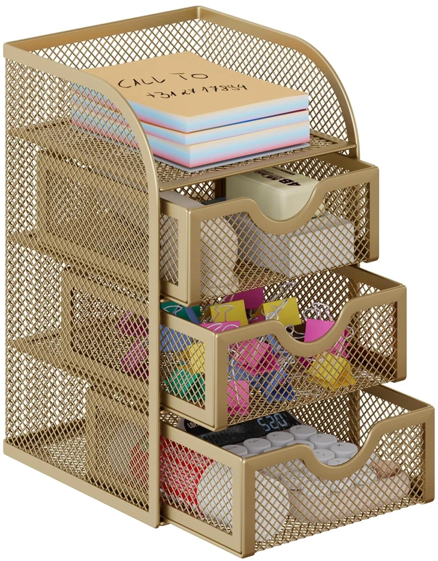 Main image of Mesh Desk Organizer with 3 Drawer Office Desktop Organizers and Accessories Stationery Caddy for Office, Home, Students, Gold