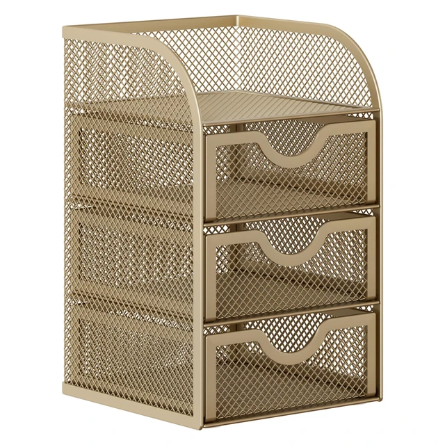 Alt view image 2 of 7 - Mesh Desk Organizer with 3 Drawer Office Desktop Organizers and Accessories Stationery Caddy for Office, Home, Students, Gold