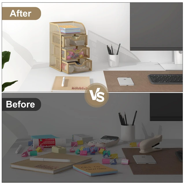 Alt view image 4 of 7 - Mesh Desk Organizer with 3 Drawer Office Desktop Organizers and Accessories Stationery Caddy for Office, Home, Students, Gold