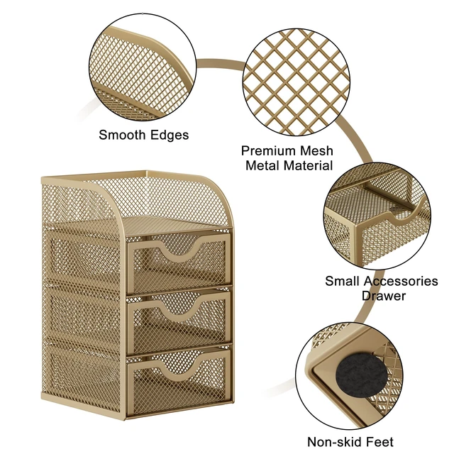 Alt view image 3 of 7 - Mesh Desk Organizer with 3 Drawer Office Desktop Organizers and Accessories Stationery Caddy for Office, Home, Students, Gold