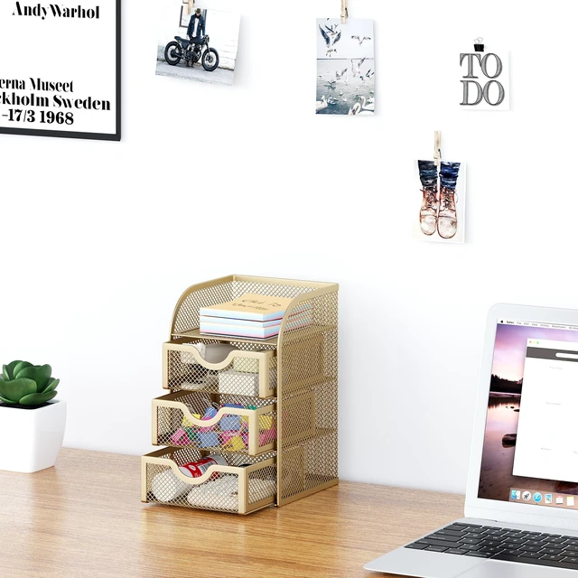 Alt view image 5 of 7 - Mesh Desk Organizer with 3 Drawer Office Desktop Organizers and Accessories Stationery Caddy for Office, Home, Students, Gold