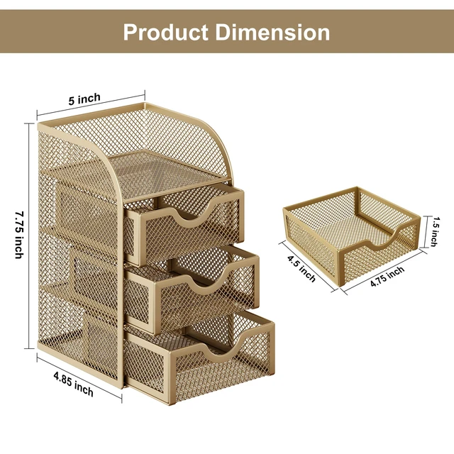 Alt view image 7 of 7 - Mesh Desk Organizer with 3 Drawer Office Desktop Organizers and Accessories Stationery Caddy for Office, Home, Students, Gold