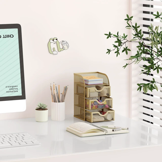 Alt view image 6 of 7 - Mesh Desk Organizer with 3 Drawer Office Desktop Organizers and Accessories Stationery Caddy for Office, Home, Students, Gold