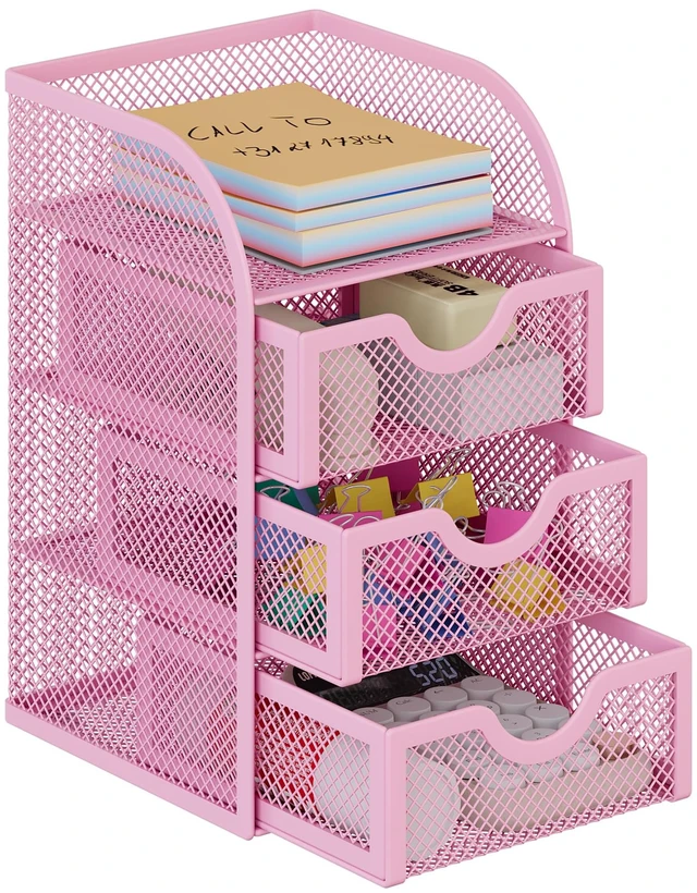 Main image of Mesh Desk Organizer with 3 Drawer Office Desktop Organizers and Accessories Stationery Caddy for Office, Home, Students, Pink