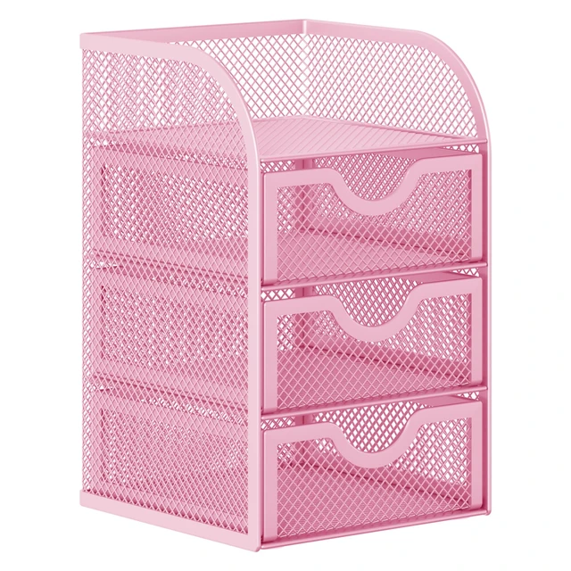 Alt view image 2 of 7 - Mesh Desk Organizer with 3 Drawer Office Desktop Organizers and Accessories Stationery Caddy for Office, Home, Students, Pink