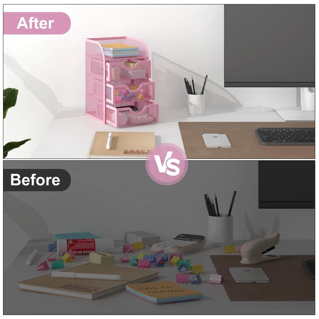 Alt view image 4 of 7 - Mesh Desk Organizer with 3 Drawer Office Desktop Organizers and Accessories Stationery Caddy for Office, Home, Students, Pink