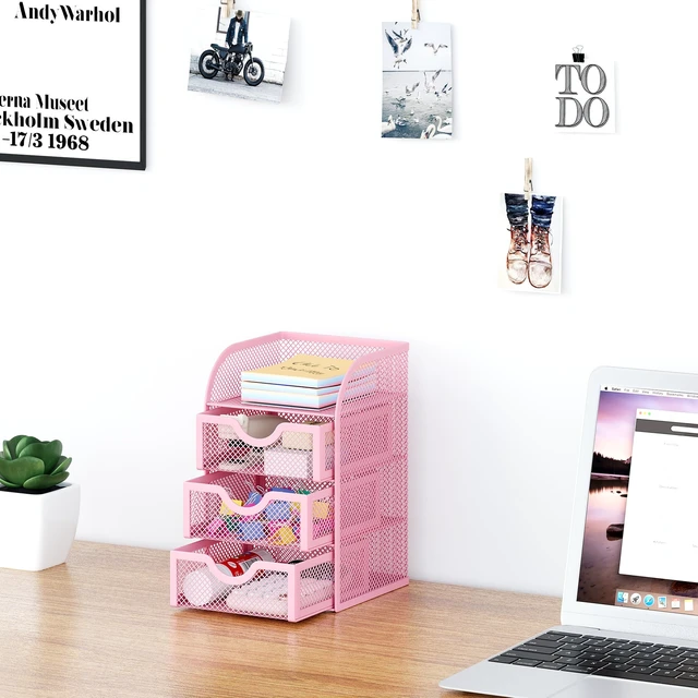 Alt view image 5 of 7 - Mesh Desk Organizer with 3 Drawer Office Desktop Organizers and Accessories Stationery Caddy for Office, Home, Students, Pink