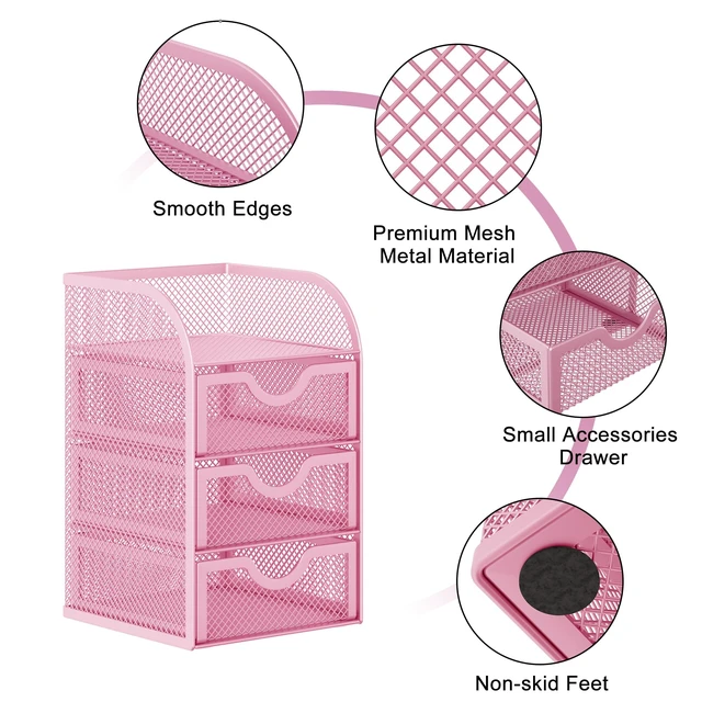 Alt view image 3 of 7 - Mesh Desk Organizer with 3 Drawer Office Desktop Organizers and Accessories Stationery Caddy for Office, Home, Students, Pink