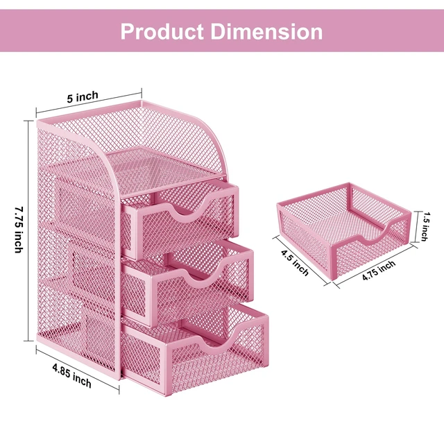 Alt view image 7 of 7 - Mesh Desk Organizer with 3 Drawer Office Desktop Organizers and Accessories Stationery Caddy for Office, Home, Students, Pink
