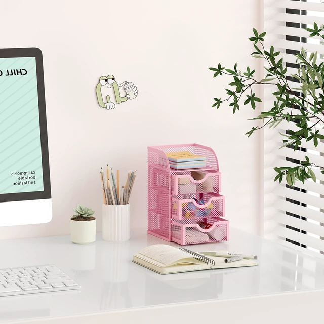 Alt view image 6 of 7 - Mesh Desk Organizer with 3 Drawer Office Desktop Organizers and Accessories Stationery Caddy for Office, Home, Students, Pink