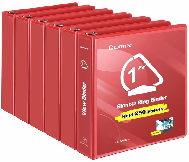 Main image of Heavy Sturdy 1 Inch Slant-D Ring 3 Ring Binder with Clear View Cover 1"Heavy Duty Slant-D Ring,PVC-Free 2.4mm Board,Holds 225 Letter Sheets,Commercial Bulk for Corporate Offices,6 Pack (Red)