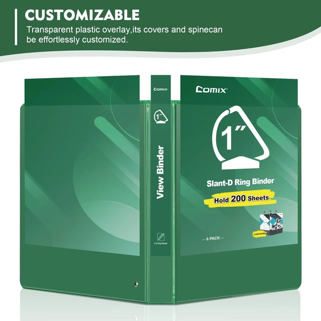 Alt view image 6 of 7 - Heavy Sturdy 1 Inch Slant-D Ring 3 Ring Binder with Clear View Cover 1"Heavy Duty Slant-D Ring,PVC-Free 2.4mm Board,Holds 225 Letter Sheets,Commercial Bulk for Corporate Offices,6 Pack (Green)