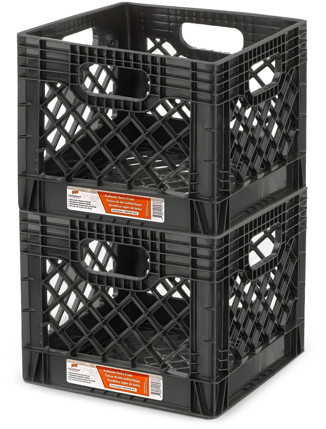 Main image of 2-Pack Stackable Heavy Duty Milk Crates, Handles, 16 Qt Organizing Plastic Crate Basket for Grocery Shopping, Home Supplies, and Bathroom Accessories, Black