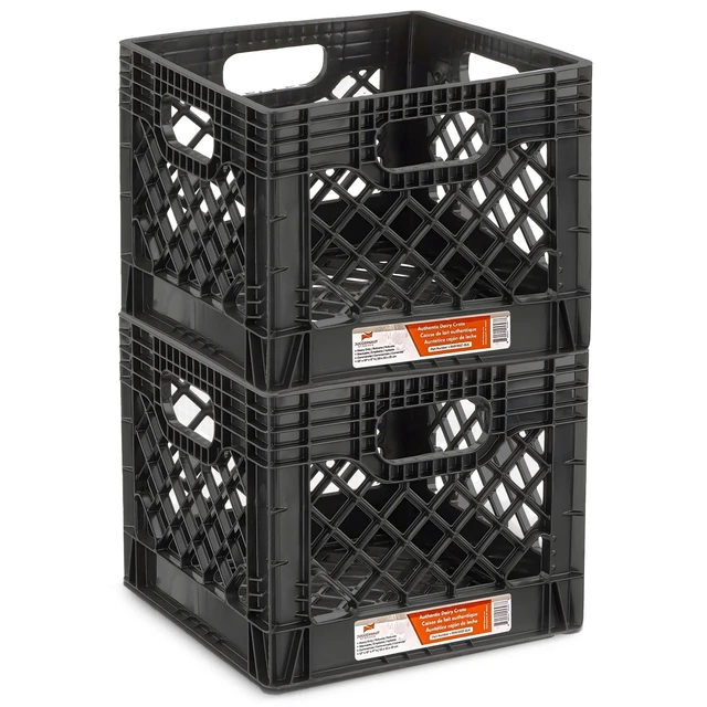 Alt view image 2 of 7 - 2-Pack Stackable Heavy Duty Milk Crates, Handles, 16 Qt Organizing Plastic Crate Basket for Grocery Shopping, Home Supplies, and Bathroom Accessories, Black
