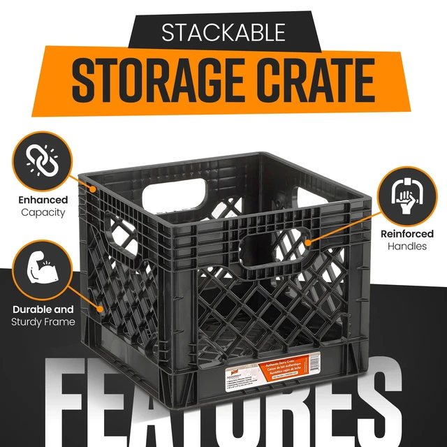 Alt view image 5 of 7 - 2-Pack Stackable Heavy Duty Milk Crates, Handles, 16 Qt Organizing Plastic Crate Basket for Grocery Shopping, Home Supplies, and Bathroom Accessories, Black