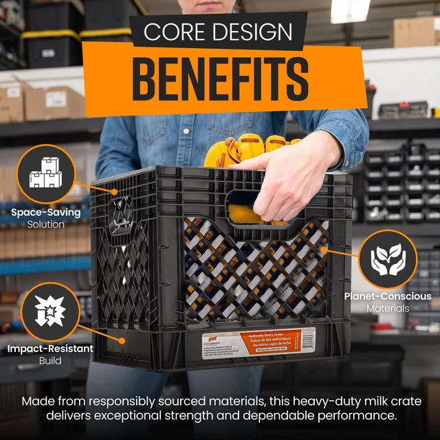 Alt view image 6 of 7 - 2-Pack Stackable Heavy Duty Milk Crates, Handles, 16 Qt Organizing Plastic Crate Basket for Grocery Shopping, Home Supplies, and Bathroom Accessories, Black