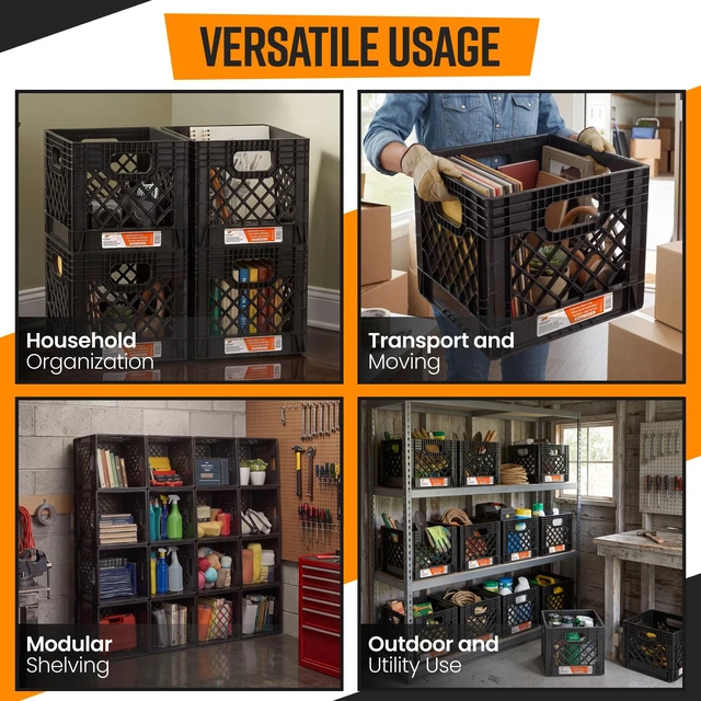 Alt view image 7 of 7 - 2-Pack Stackable Heavy Duty Milk Crates, Handles, 16 Qt Organizing Plastic Crate Basket for Grocery Shopping, Home Supplies, and Bathroom Accessories, Black