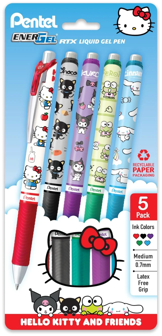 Main image of EnerGel RTX Liquid Gel Pen, Hello Kitty® and Friends, Limited Edition, Mix 1, 0.7mm, Med Line, Assorted Ink, 5-Pk (BL77HKPF5M)