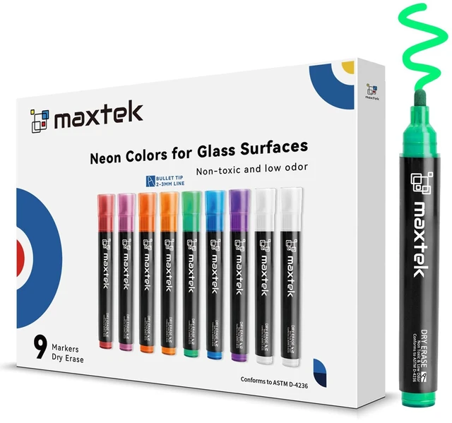 Main image of Neon Dry Erase Markers, Assorted Colors, 9 Count For Glass & Window, Bullet Tip, Low Odor, Multi-Surface Compatible