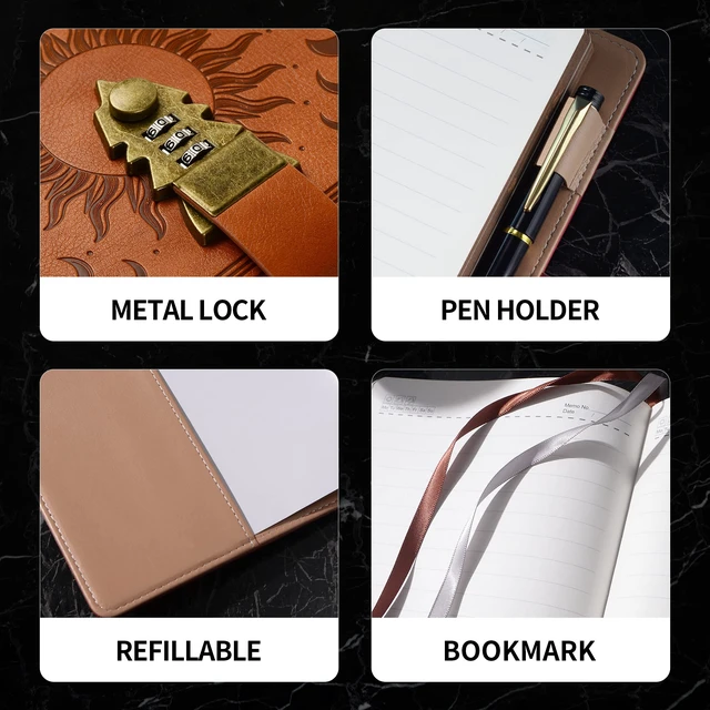 Alt view image 5 of 7 - Lockable Diary for Women & Men, A5 Ruled 240 Pages PU Leather Journal with Lock, Refillable Leather Journal Password Notebook for Writing, Size A5(8.5 × 5.9 Inch) SandyBrown