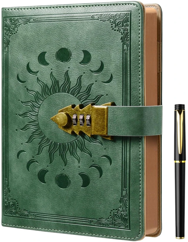 Main image of Journal with Lock, A5 Refillable Lock Diary, Brown Edges 5.9" × 8.5", 224 Lined Pages, 100 GSM Paper, Vintage Brown-Edged Pages, PU Leather Embossed Cover, with Pen