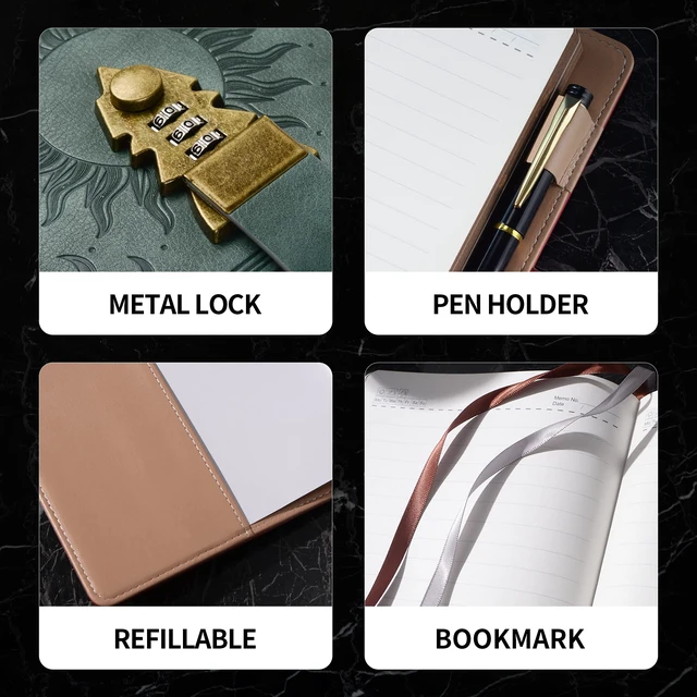 Alt view image 5 of 7 - Journal with Lock, A5 Refillable Lock Diary, Brown Edges 5.9" × 8.5", 224 Lined Pages, 100 GSM Paper, Vintage Brown-Edged Pages, PU Leather Embossed Cover, with Pen