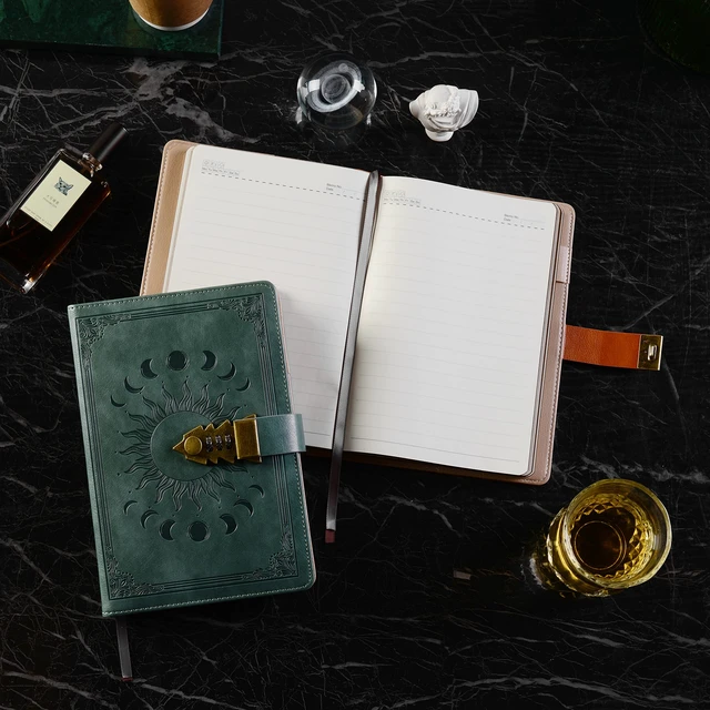 Alt view image 3 of 7 - Journal with Lock, A5 Refillable Lock Diary, Brown Edges 5.9" × 8.5", 224 Lined Pages, 100 GSM Paper, Vintage Brown-Edged Pages, PU Leather Embossed Cover, with Pen