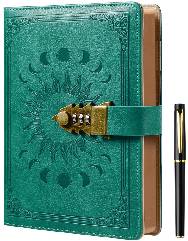 Main image of Lock Diary with Pen, A5 Ruled 240 Pages PU Leather Journal with Lock, Vintage Edge Design Journal for Writing Personal Planner Organizer, Size A5 (8.5 × 5.9 Inch) SeaGreen