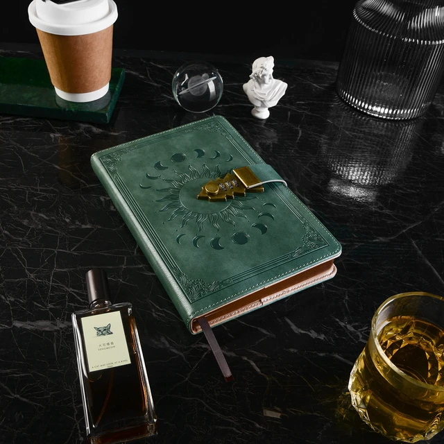 Alt view image 6 of 7 - Journal with Lock, A5 Refillable Lock Diary, Brown Edges 5.9" × 8.5", 224 Lined Pages, 100 GSM Paper, Vintage Brown-Edged Pages, PU Leather Embossed Cover, with Pen