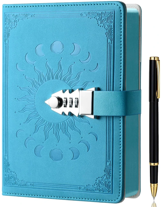 Main image of Journal with Lock with Pen,A5 224 Pages Lock Diary, Colorful Edge, Refillable, Leather Hardcover 8.5" × 5.9" - Navy Blue