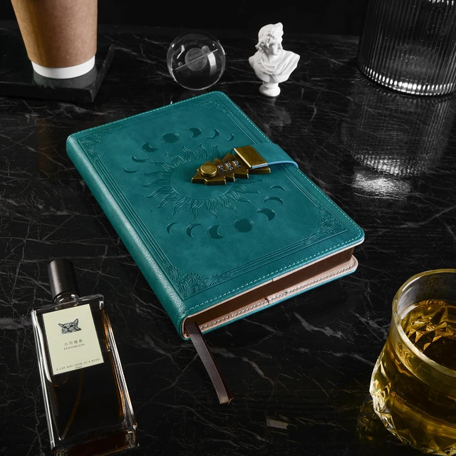 Alt view image 6 of 7 - Lock Diary with Pen, A5 Ruled 240 Pages PU Leather Journal with Lock, Vintage Edge Design Journal for Writing Personal Planner Organizer, Size A5 (8.5 × 5.9 Inch) SeaGreen