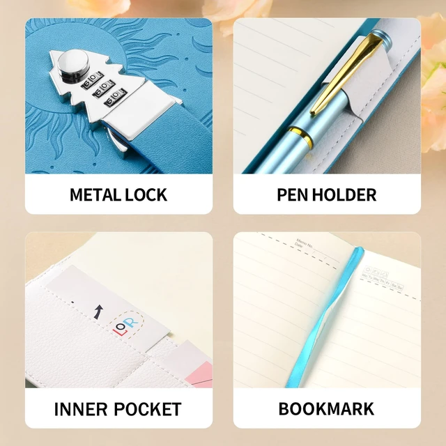 Alt view image 5 of 7 - Journal with Lock with Pen,A5 224 Pages Lock Diary, Colorful Edge, Refillable, Leather Hardcover 8.5" × 5.9" - Navy Blue