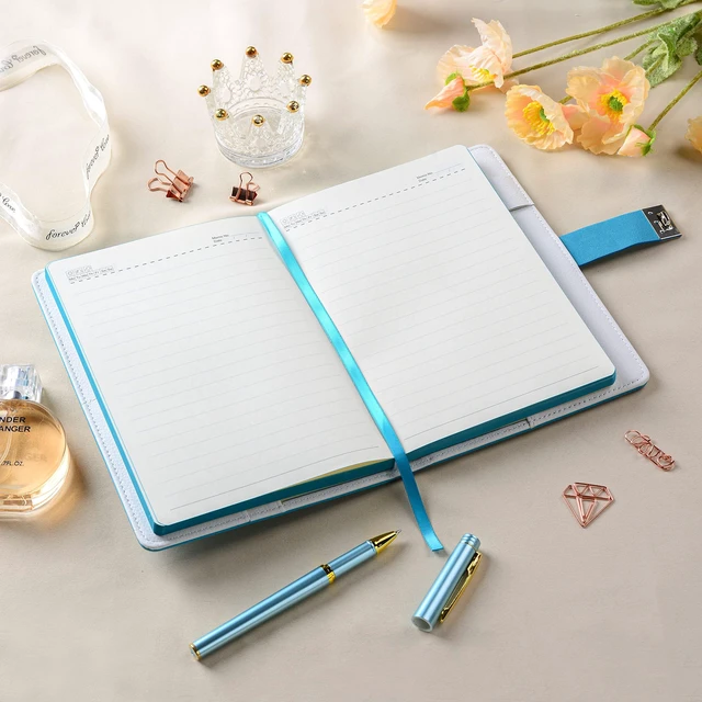Alt view image 4 of 7 - Journal with Lock with Pen,A5 224 Pages Lock Diary, Colorful Edge, Refillable, Leather Hardcover 8.5" × 5.9" - Navy Blue
