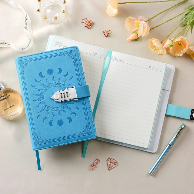 Alt view image 3 of 7 - Journal with Lock with Pen,A5 224 Pages Lock Diary, Colorful Edge, Refillable, Leather Hardcover 8.5" × 5.9" - Navy Blue