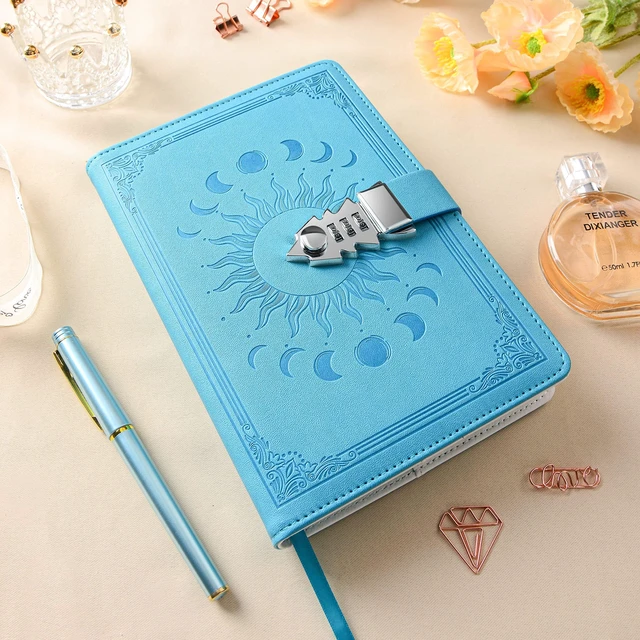 Alt view image 6 of 7 - Journal with Lock with Pen,A5 224 Pages Lock Diary, Colorful Edge, Refillable, Leather Hardcover 8.5" × 5.9" - Navy Blue
