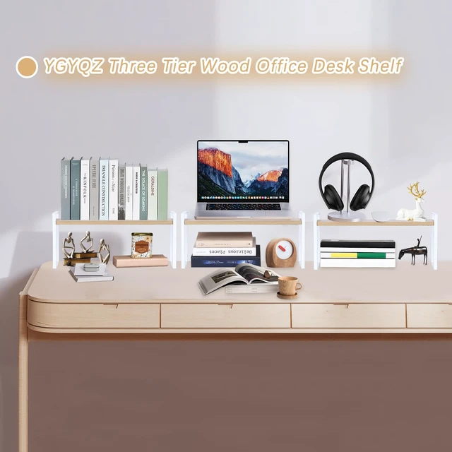 Alt view image 3 of 7 - Desk Shelf Organizer for Top of Desk, 3-Tier Desktop Bookshelf, White & Wood