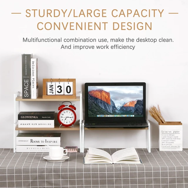 Alt view image 4 of 7 - Desk Shelf Organizer for Top of Desk, 3-Tier Desktop Bookshelf, White & Wood