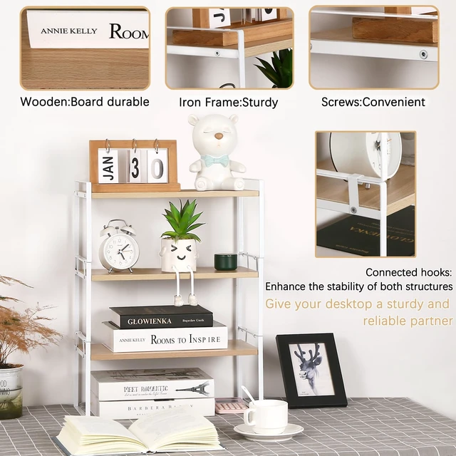 Alt view image 5 of 7 - Desk Shelf Organizer for Top of Desk, 3-Tier Desktop Bookshelf, White & Wood