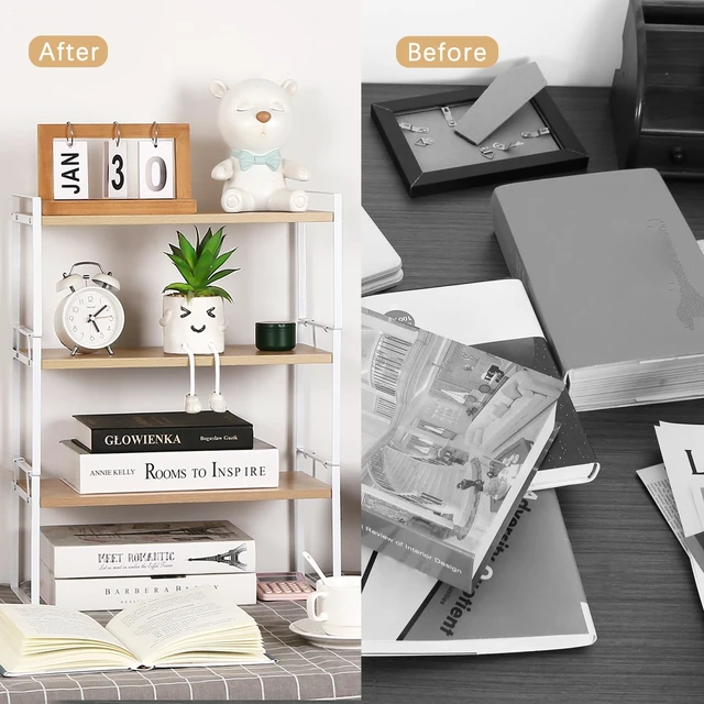 Alt view image 6 of 7 - Desk Shelf Organizer for Top of Desk, 3-Tier Desktop Bookshelf, White & Wood