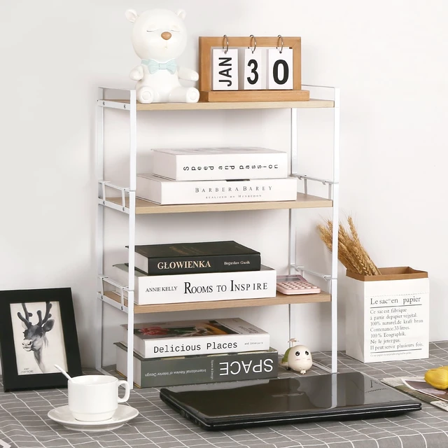 Alt view image 7 of 7 - Desk Shelf Organizer for Top of Desk, 3-Tier Desktop Bookshelf, White & Wood