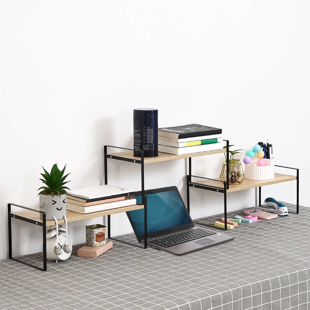 Alt view image 3 of 7 - Desk Shelf Organizer for Top of Desk, 3-Tier Desktop Bookshelf, Black & Wood