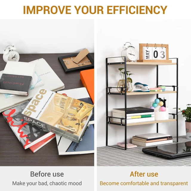 Alt view image 4 of 7 - Desk Shelf Organizer for Top of Desk, 3-Tier Desktop Bookshelf, Black & Wood