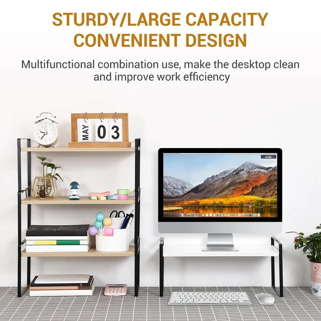 Alt view image 5 of 7 - Desk Shelf Organizer for Top of Desk, 3-Tier Desktop Bookshelf, Black & Wood