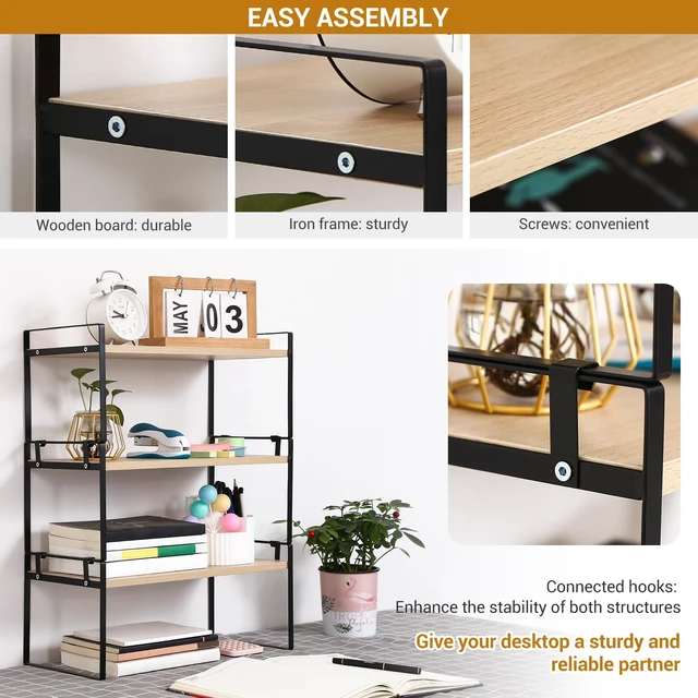 Alt view image 6 of 7 - Desk Shelf Organizer for Top of Desk, 3-Tier Desktop Bookshelf, Black & Wood