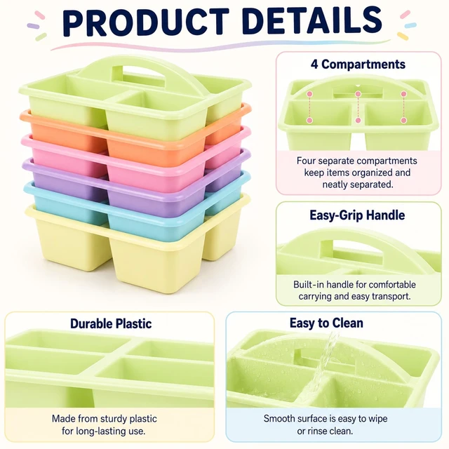 Alt view image 3 of 7 - 6 Pack Plastic Classroom Caddy with 4-Compartments Plastic Storage Caddies with Handle 4 Compartments Table Caddy Organizer Versatile Table Caddies for Classroom Office, Colorful