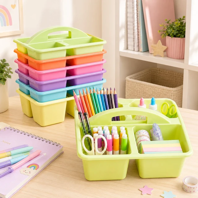 Alt view image 4 of 7 - 6 Pack Plastic Classroom Caddy with 4-Compartments Plastic Storage Caddies with Handle 4 Compartments Table Caddy Organizer Versatile Table Caddies for Classroom Office, Colorful