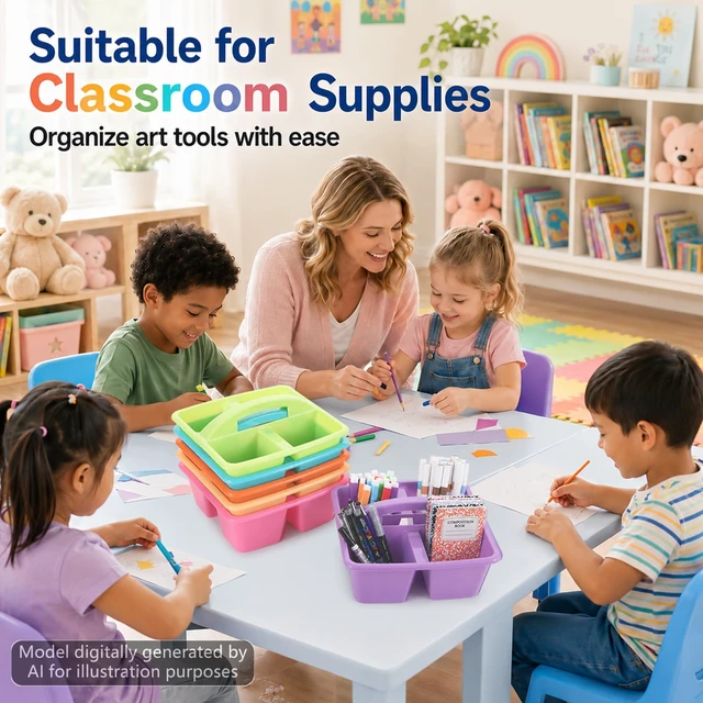 Alt view image 5 of 7 - 6 Pack Plastic Classroom Caddy with 4-Compartments Plastic Storage Caddies with Handle 4 Compartments Table Caddy Organizer Versatile Table Caddies for Classroom Office, Colorful