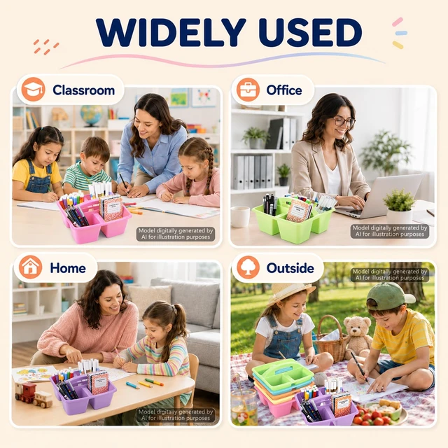 Alt view image 6 of 7 - 6 Pack Plastic Classroom Caddy with 4-Compartments Plastic Storage Caddies with Handle 4 Compartments Table Caddy Organizer Versatile Table Caddies for Classroom Office, Colorful