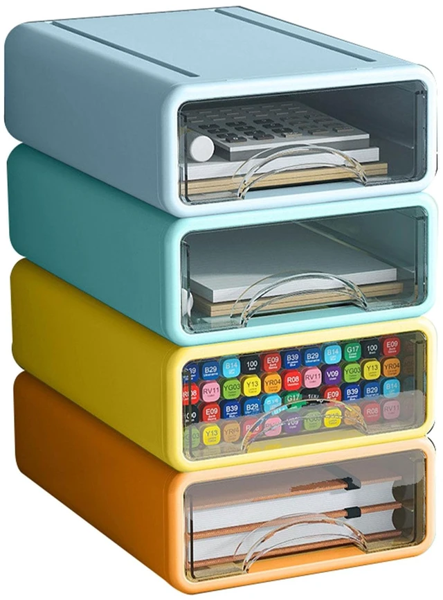Main image of Desk Organizer with Drawers, Stackable Storage Drawers with Compartments Desktop Organization for Office Supplies, Makeup, Pencils, Tape, Erasers, Paperclips, Chargers (4 Pack)