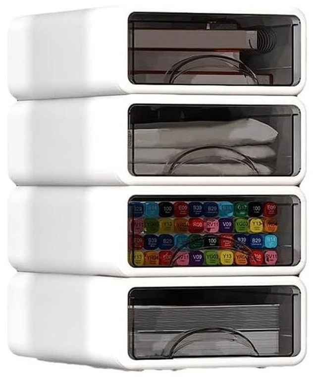 Main image of Desk Organizer with Drawers, Stackable Storage Drawers with Compartments Desktop Organization for Office Supplies, Makeup, Pencils, Tape, Erasers, Paperclips, Chargers (4 Pack White)